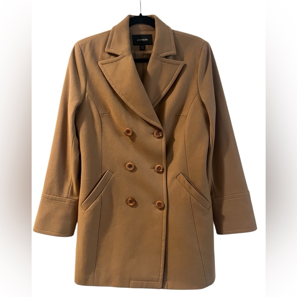 Express Women's Tan Wool-Blend Double-Breasted Pea Coat- Size 5/6